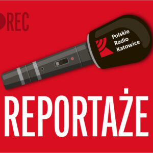 grafika Radia Katowice - mikrofon i napis Reportaże