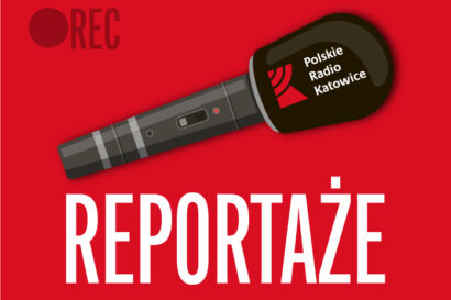 grafika Radia Katowice - mikrofon i napis Reportaże