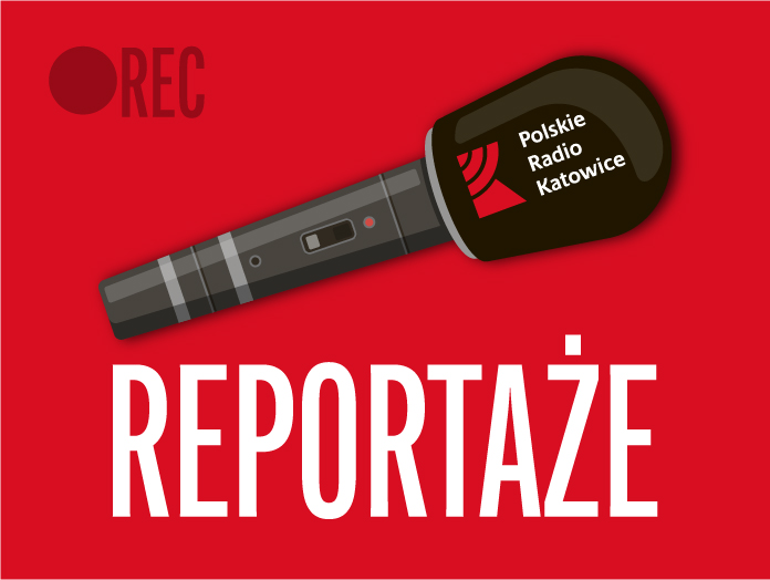 grafika Radia Katowice - mikrofon i napis Reportaże